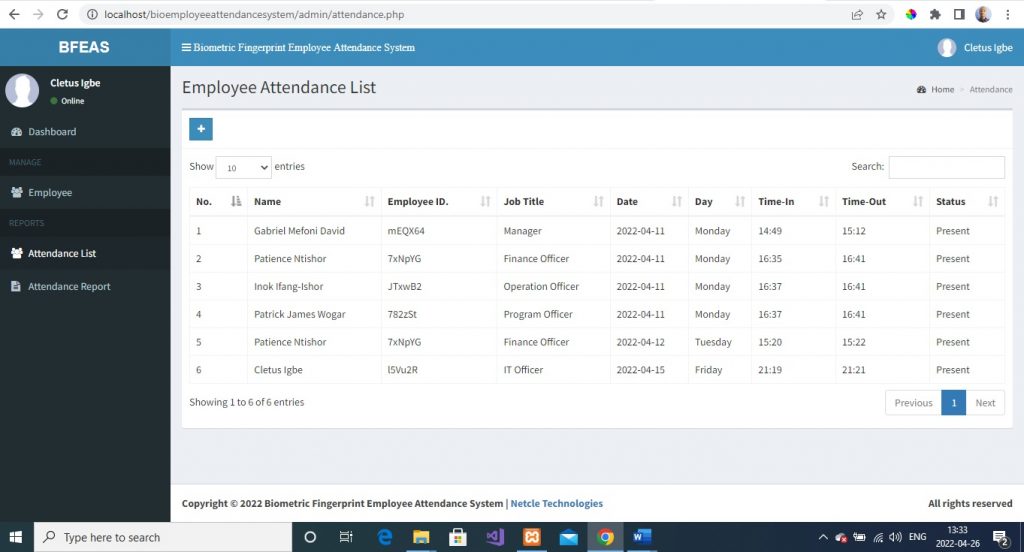 Online Biometric Fingerprint Employee Attendance System in PHP MySQL and C#