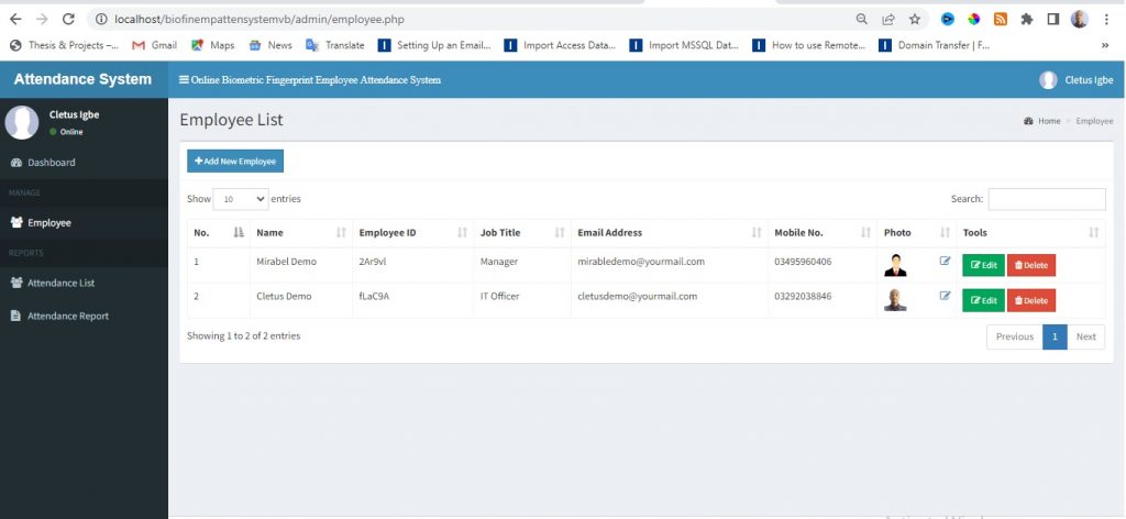 Online Biometric Fingerprints Employee Attendance System in PHP and VB.NET