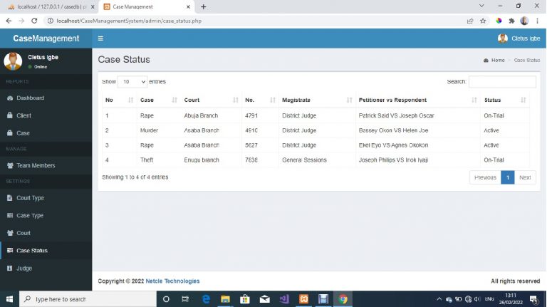 Court Case Management System in PHP and MySQL